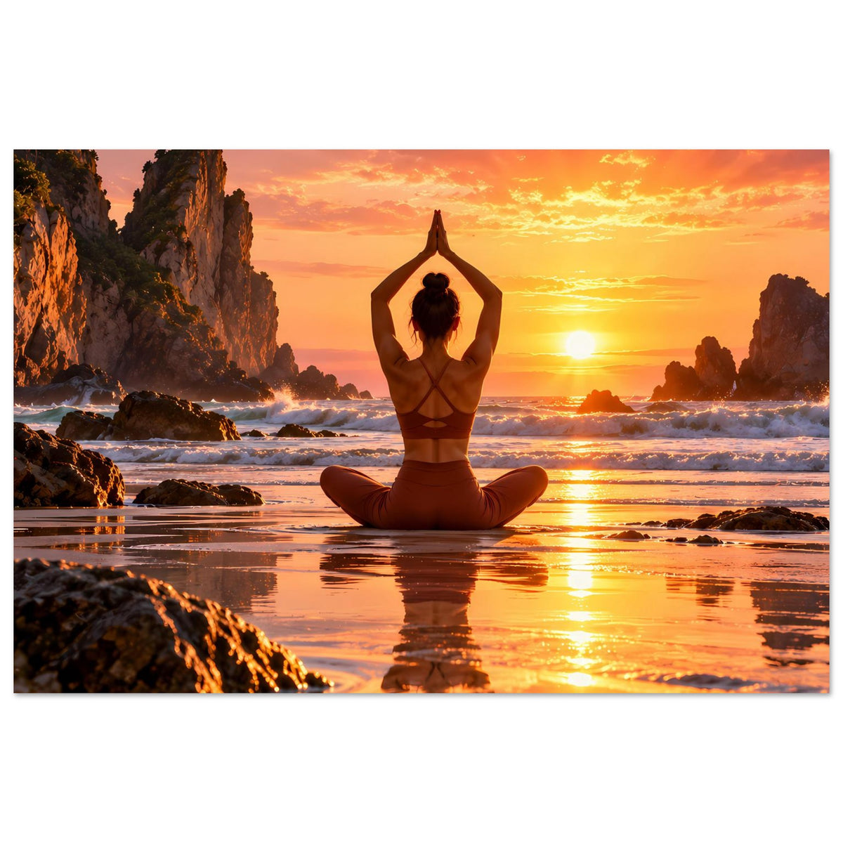 Yoga-Poster im Querformat mit meditierender Person im Lotussitz und Reflexion im Wasser beim Sonnenuntergang.