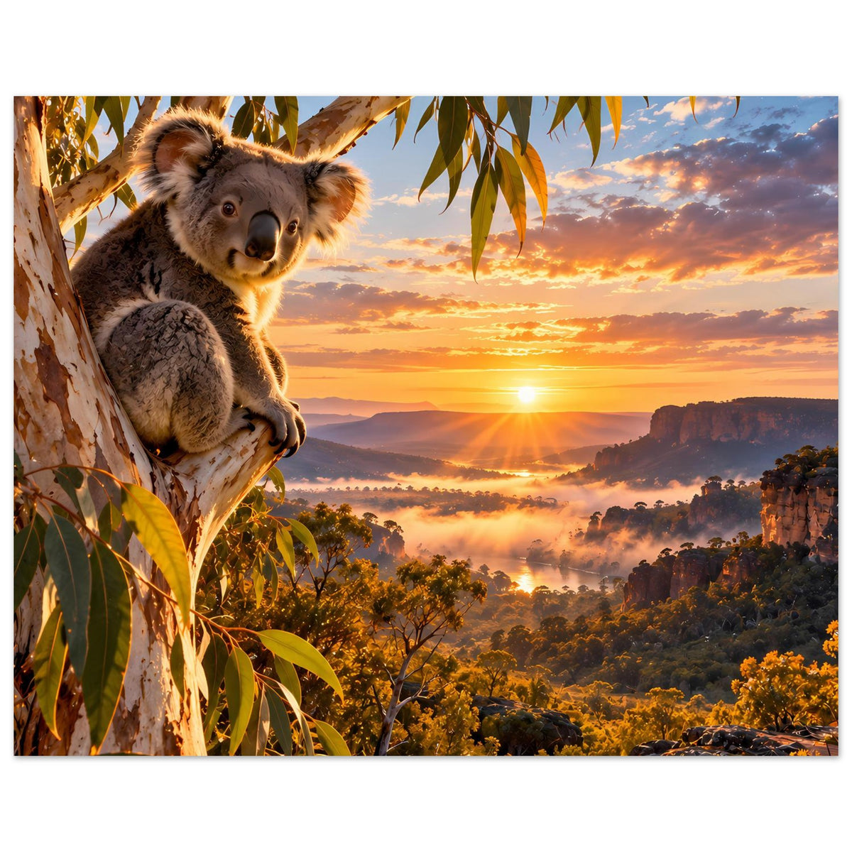 Koala-Sonnenuntergangs-Poster mit Koala auf Ast und weitem Blick in die Dämmerungslandschaft
