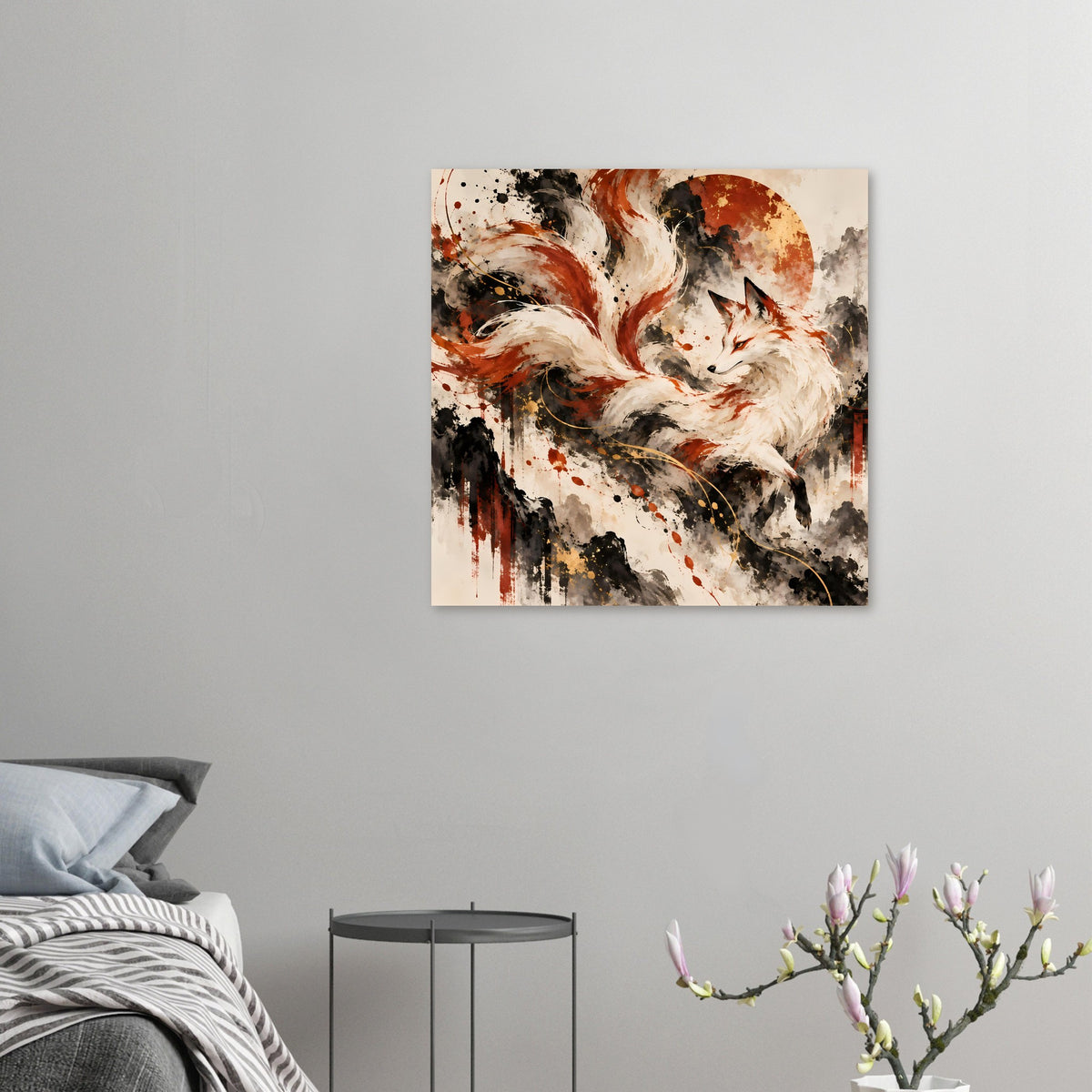 Kleines Fantasy-Poster mit weißem Fuchs und neun Schweifen, erdige Spritzfarben