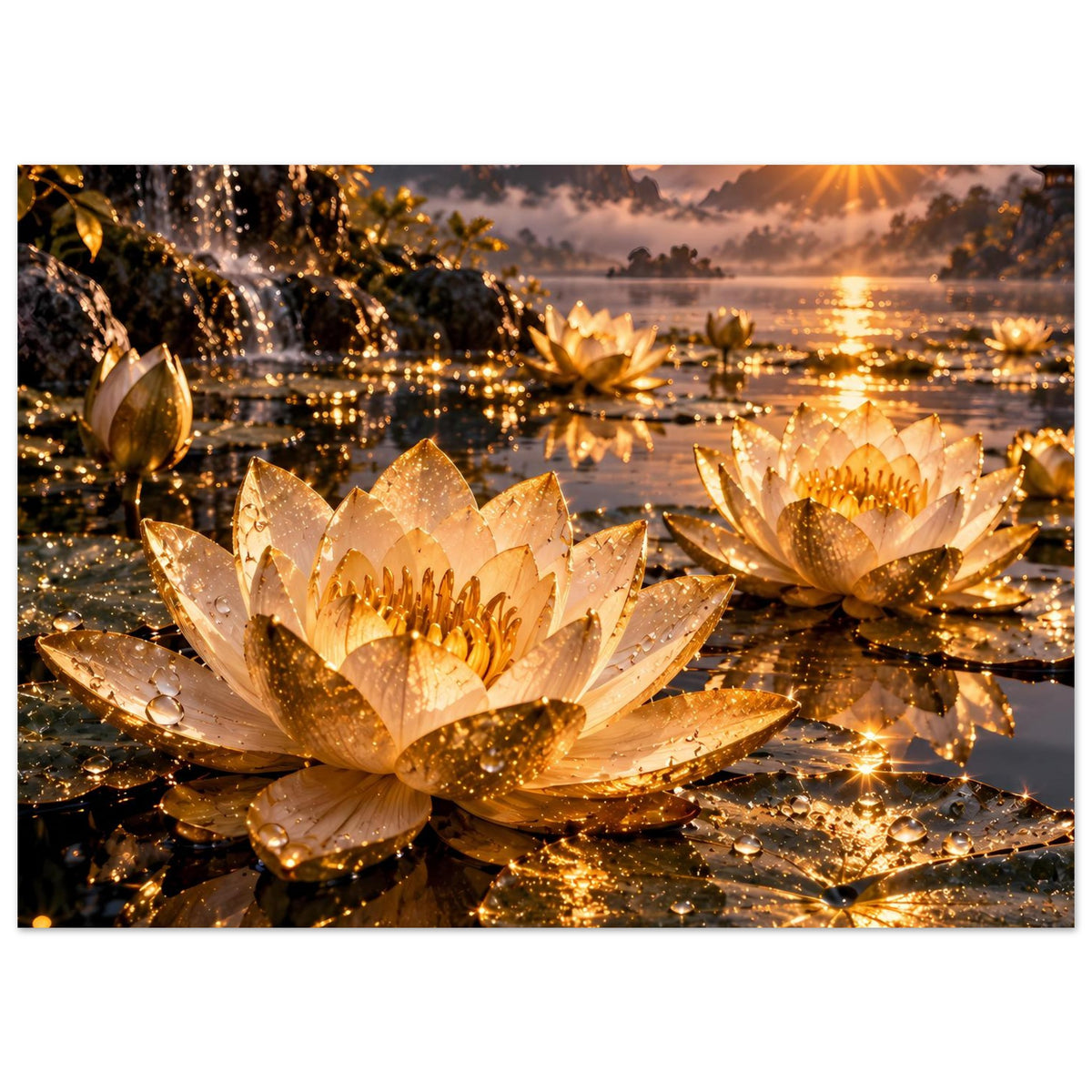 Horizontales Poster mit Lotusblüten, goldenem Glitzer und hellem Sonnenuntergang am Wasser