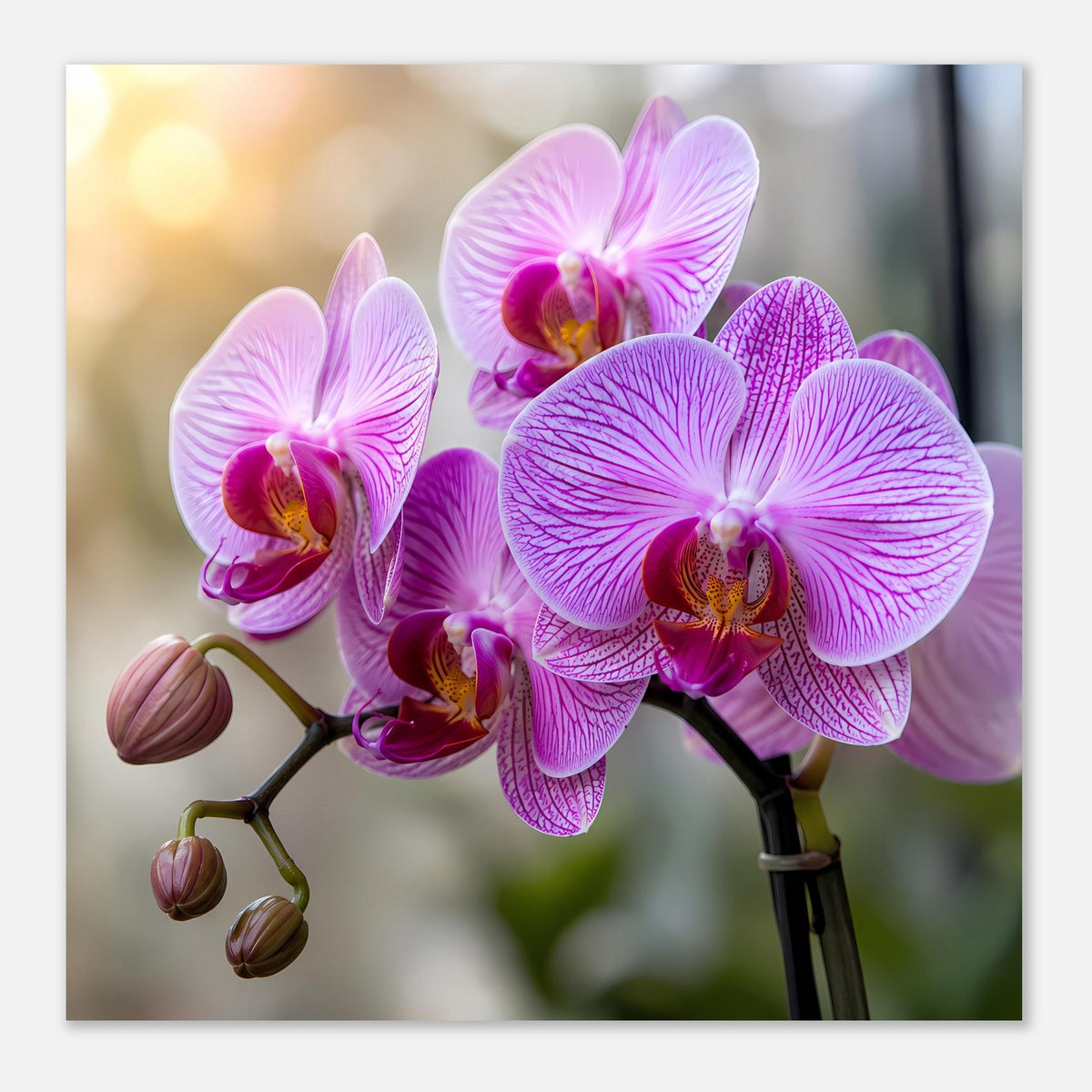 Orchideen-Poster mit lila-rosa Orchideenblüten und mehreren Knospen links am Stiel
