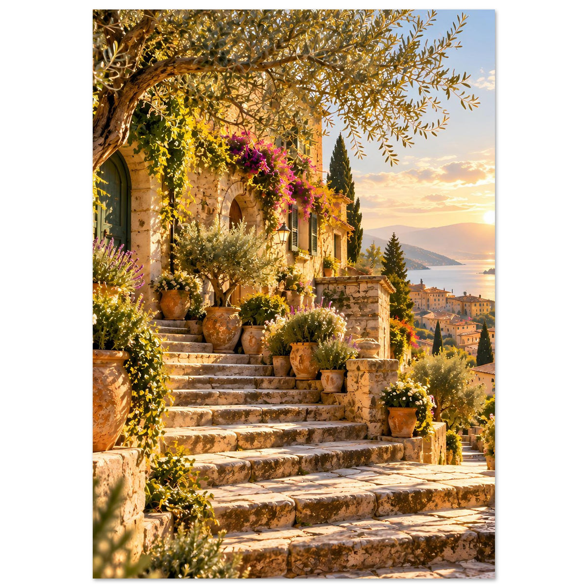 Kunstposter im Hochformat: Treppen, Töpfe mit Grünpflanzen, bunte Blumen und Sonnenuntergang