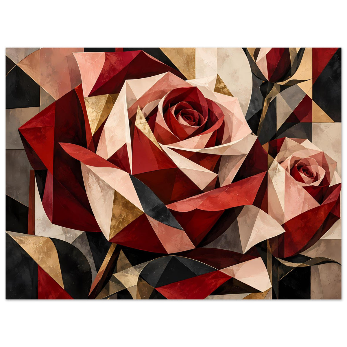 Wandposter mit geometrischer Rot-Gold-Rose, zusätzliche Rose rechts, kantige Facetten