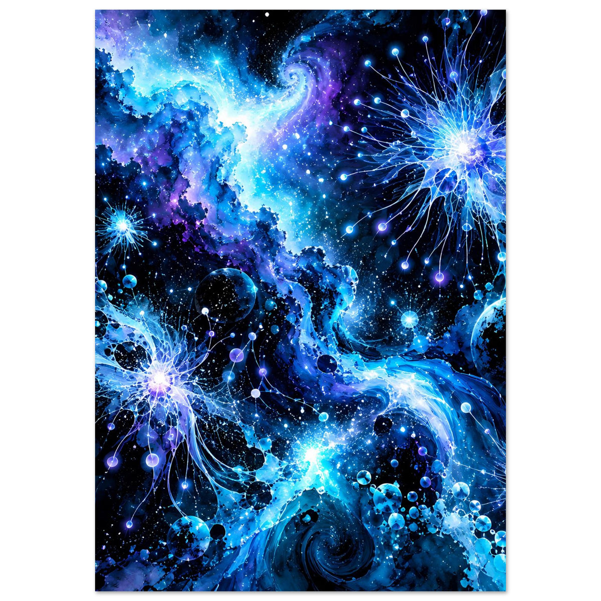 Leuchtendes galaktisches Poster mit blauen Galaxiewolken, Planeten und funkelnden Lichtpunkten