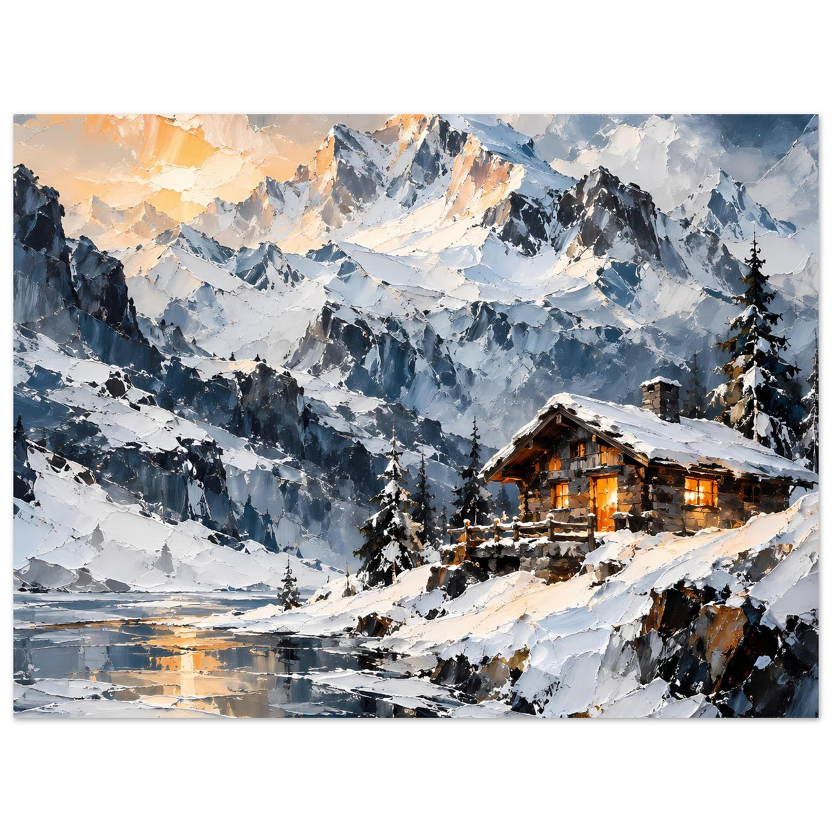 Querformat-Poster: verschneite Berglandschaft mit Berghütte rechts und warm beleuchtetem Licht
