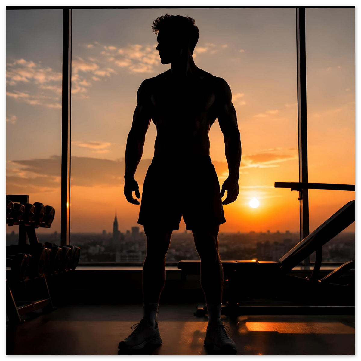 Fitness-Poster mit dunkler Silhouette eines Mannes, seitliche Ansicht, volle Figur