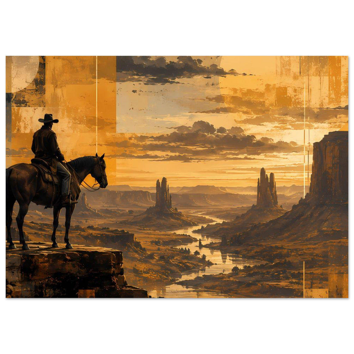 Wandposter im Querformat: Cowboy auf Pferd, goldener Sonnenuntergang über einer Canyon-Schlucht