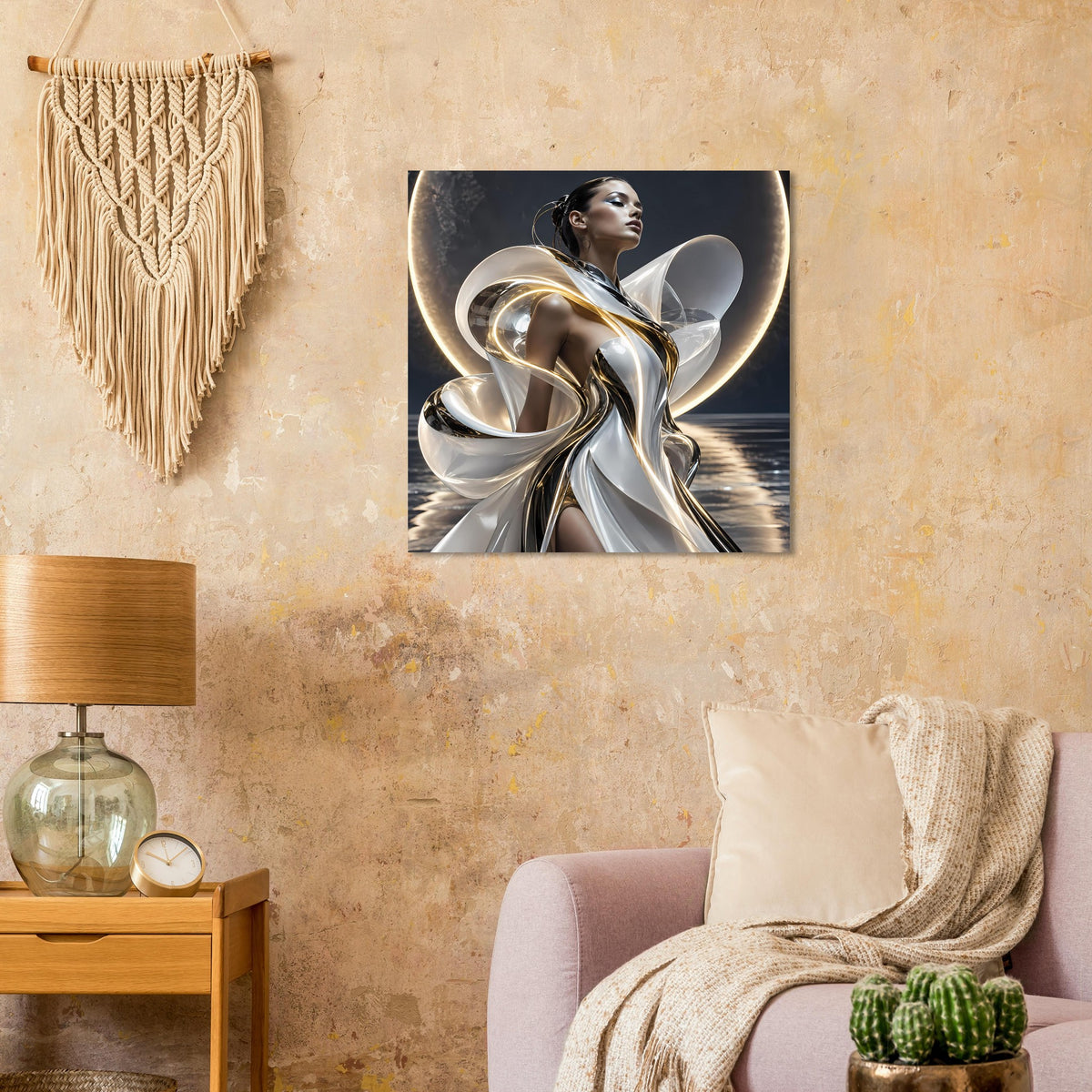 Abstraktes Wandposter mit silbern-goldenen Wirbeln um eine Figur, moderner Look