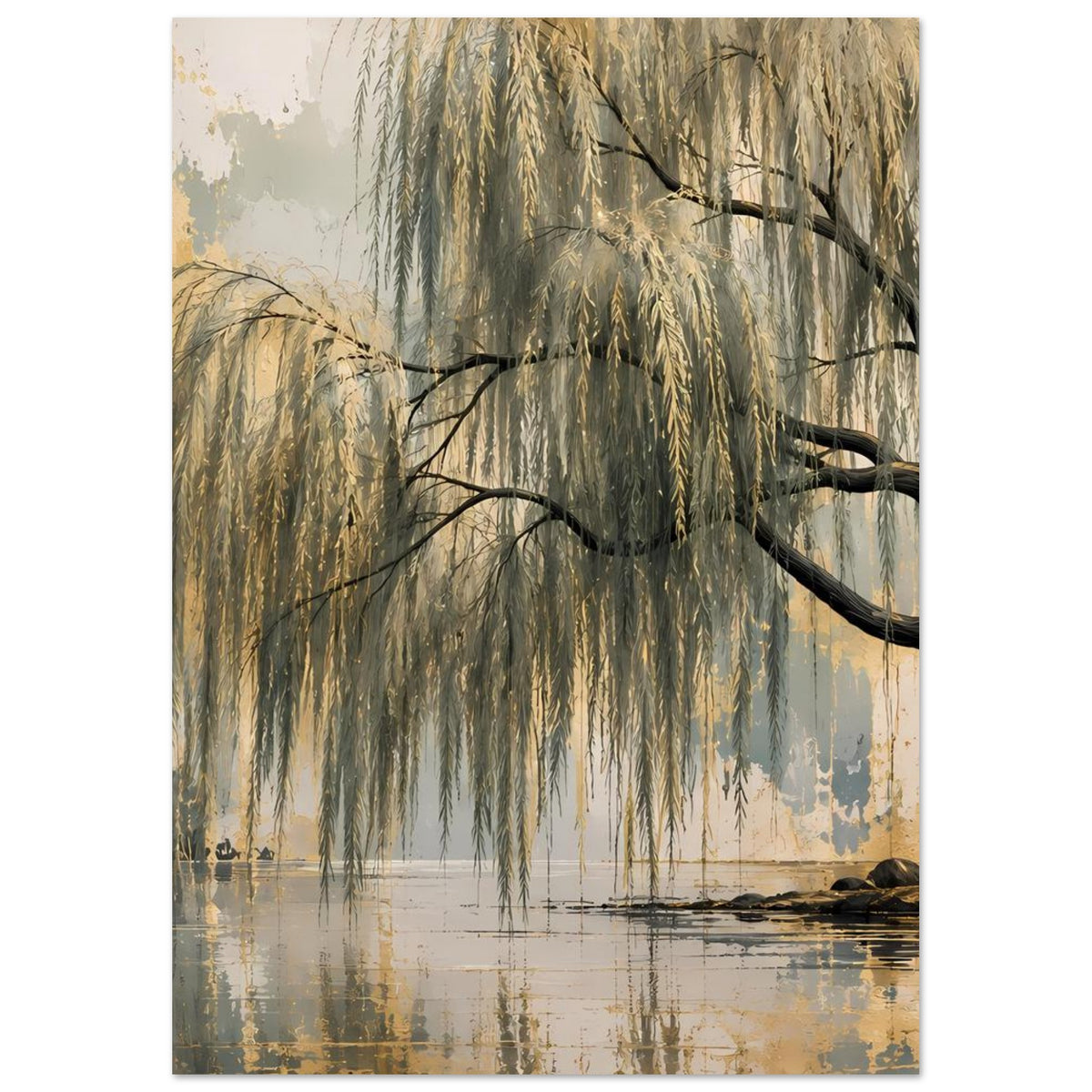 Wandposter: Weidenbaum mit langen hängenden Blättern, abstrakter See und Ufer, gold-blau.