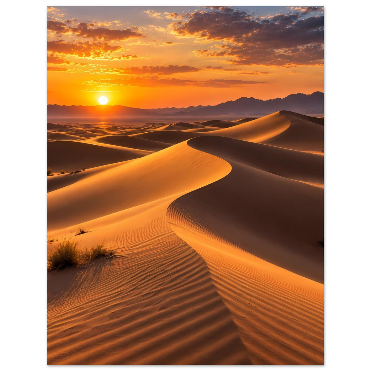 Wüstenlandschafts-Poster, vertikal: goldene Sanddünen mit Sonnenuntergang und Bergen