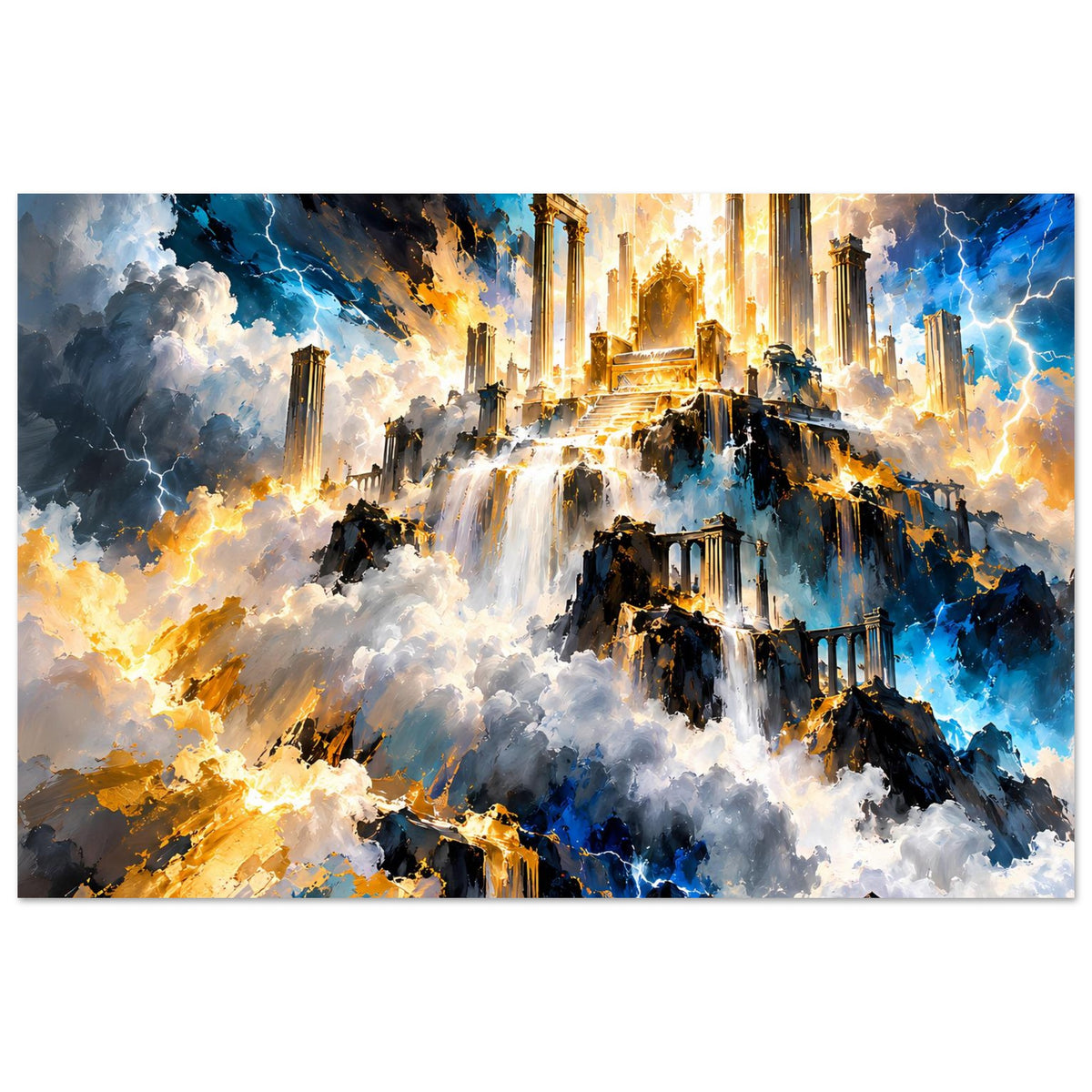 Gerahmtes Fantasy-Poster im Querformat: goldene Lichtsäulen, Wasserfälle, Türme und Wolken