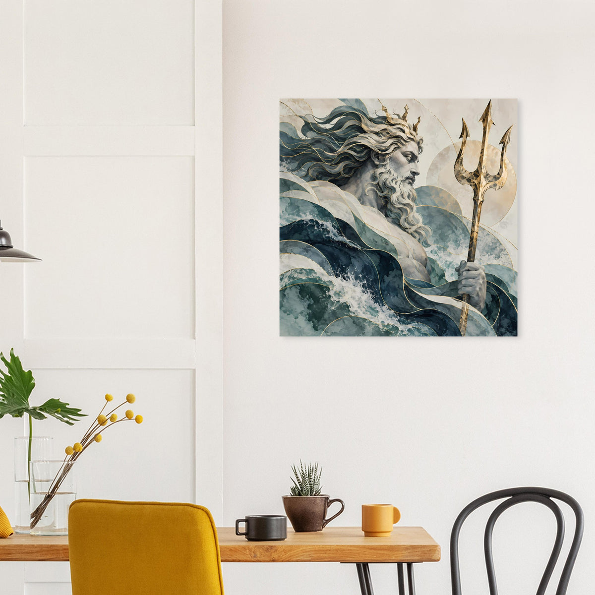 Quadratisches Wandkunst-Poster: Poseidonfigur, türkisblaues Meer und goldener Dreizack