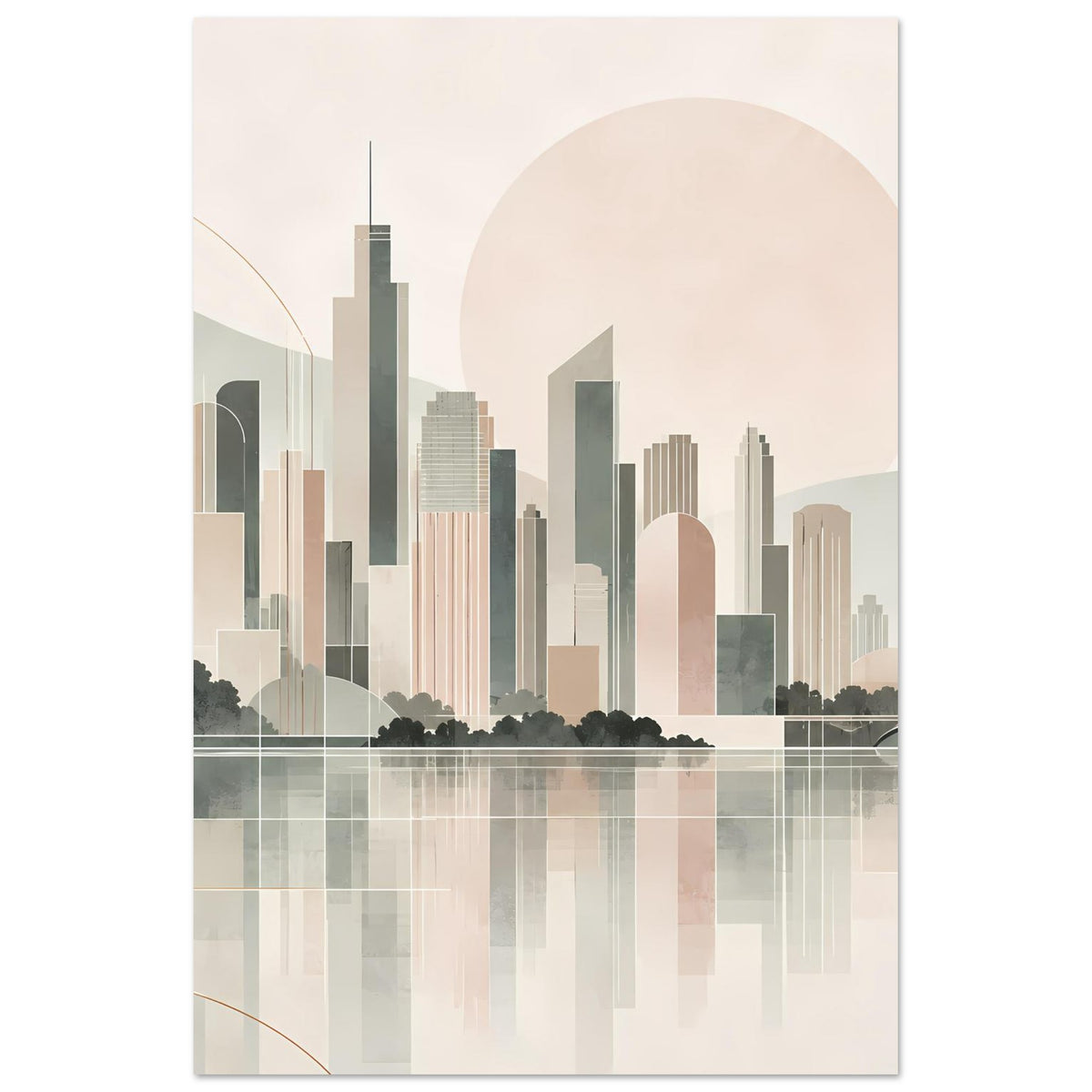 Stadtposter mit minimalistischer Skyline und großer Sonne im Pastell, inklusive Rahmen.