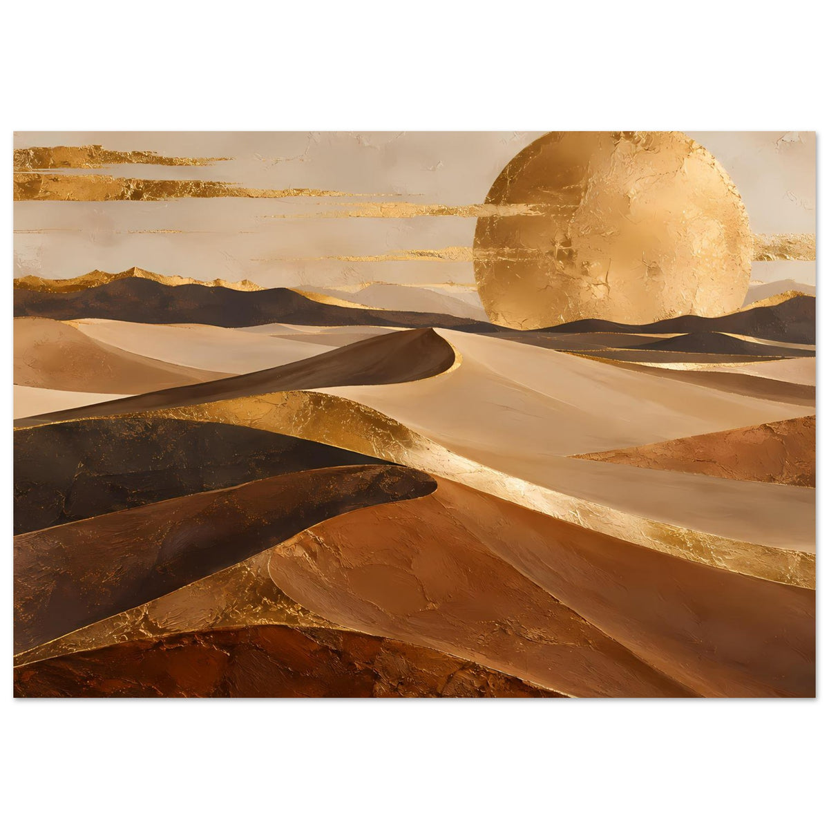 Horizontales Poster: goldene Wüstenlandschaft mit großer gelber Sonne und Sandrinnen
