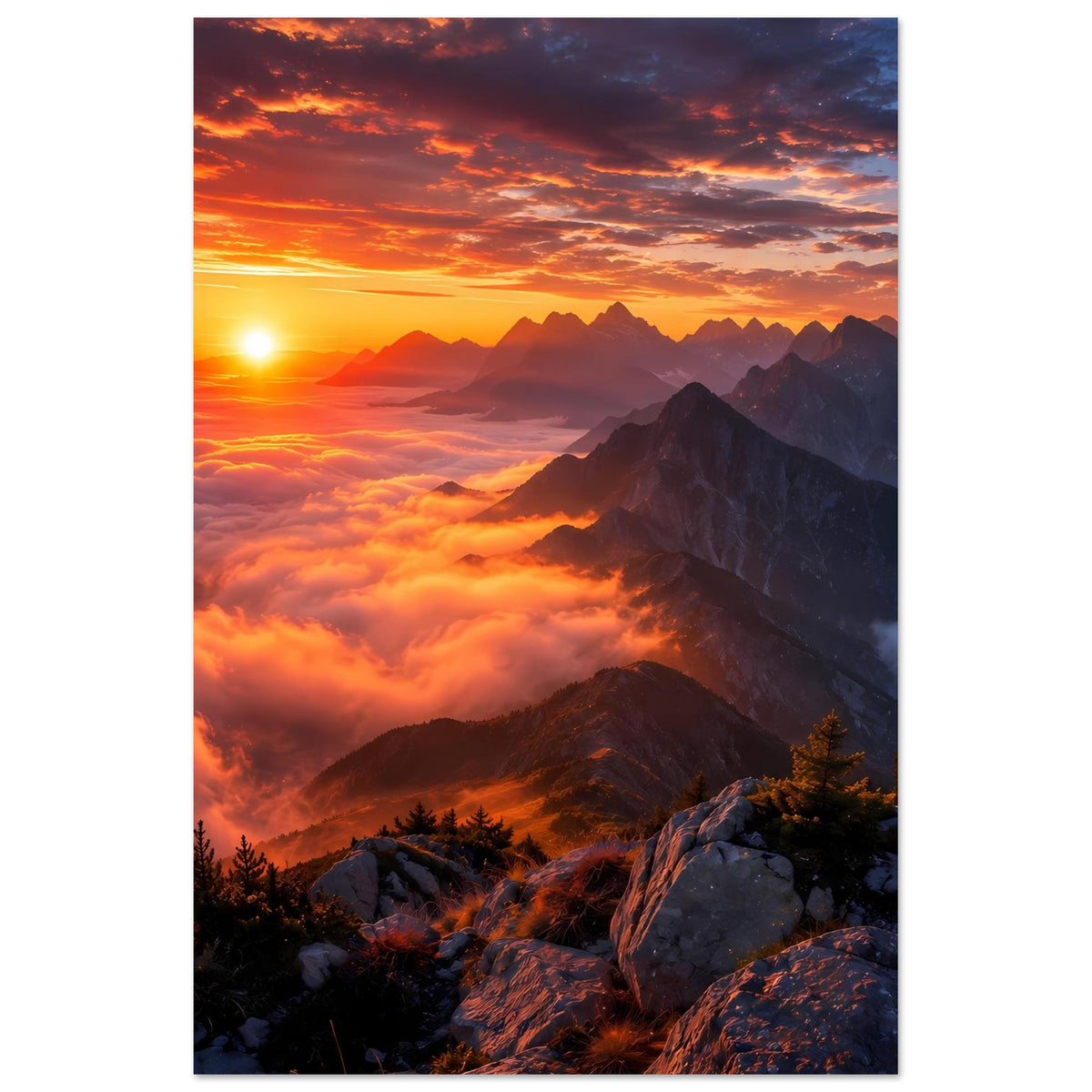 Poster im Hochformat mit Sonnenaufgang, Berggipfeln und Wolkenmeer, Vordergrund mit Felsen