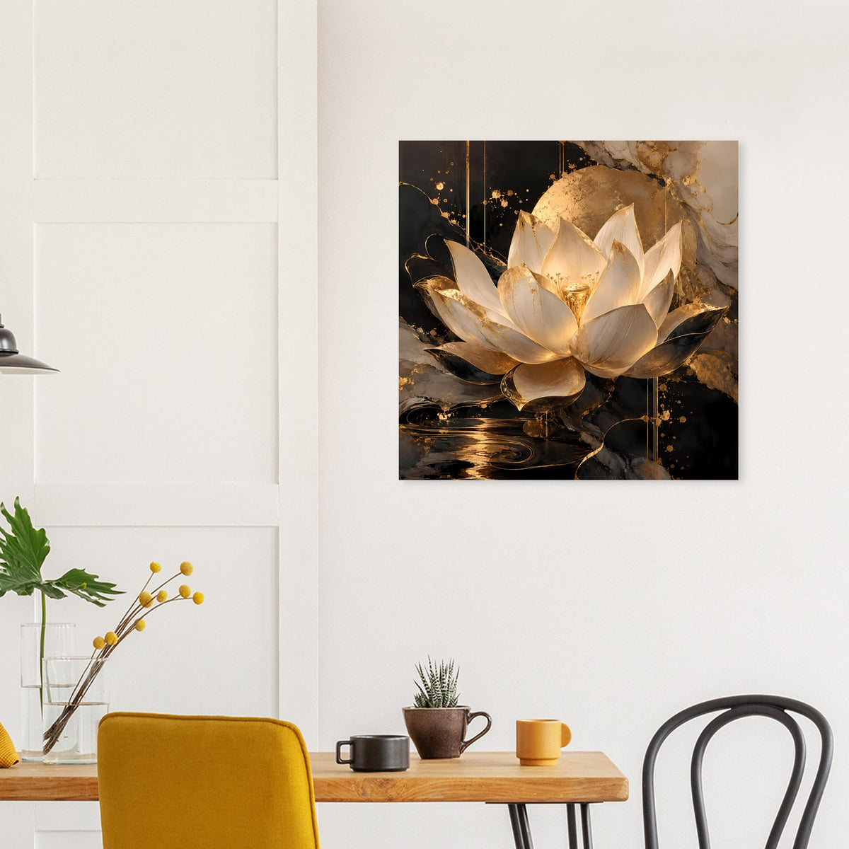 Wandposter mit gold-elfenbeinfarbener Lotusblüte und dekorativen Lichtpunkten