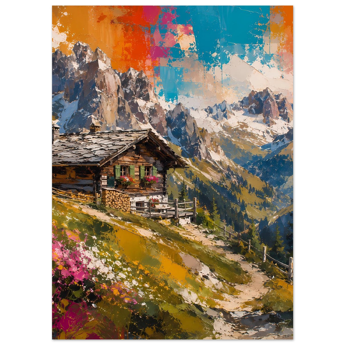 Poster mit Hütte im Alpenhang, vertikal, kräftige Farbspritzer im Himmel