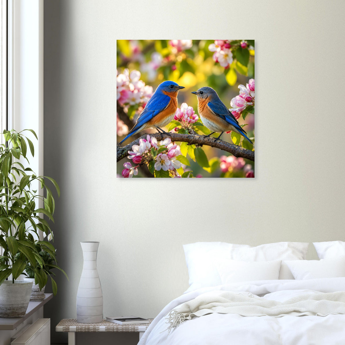 Poster mit zwei blauen Singvögeln auf Ast, umringt von rosa Frühlingsblüten