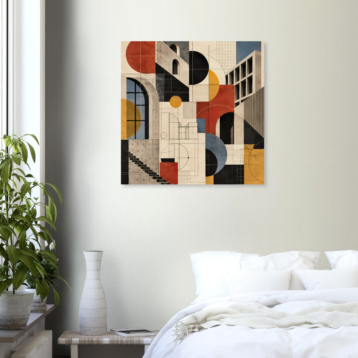 Kunstposter mit geometrischer Architektur in Terrakotta und Schieferblau, abstrakte Formen