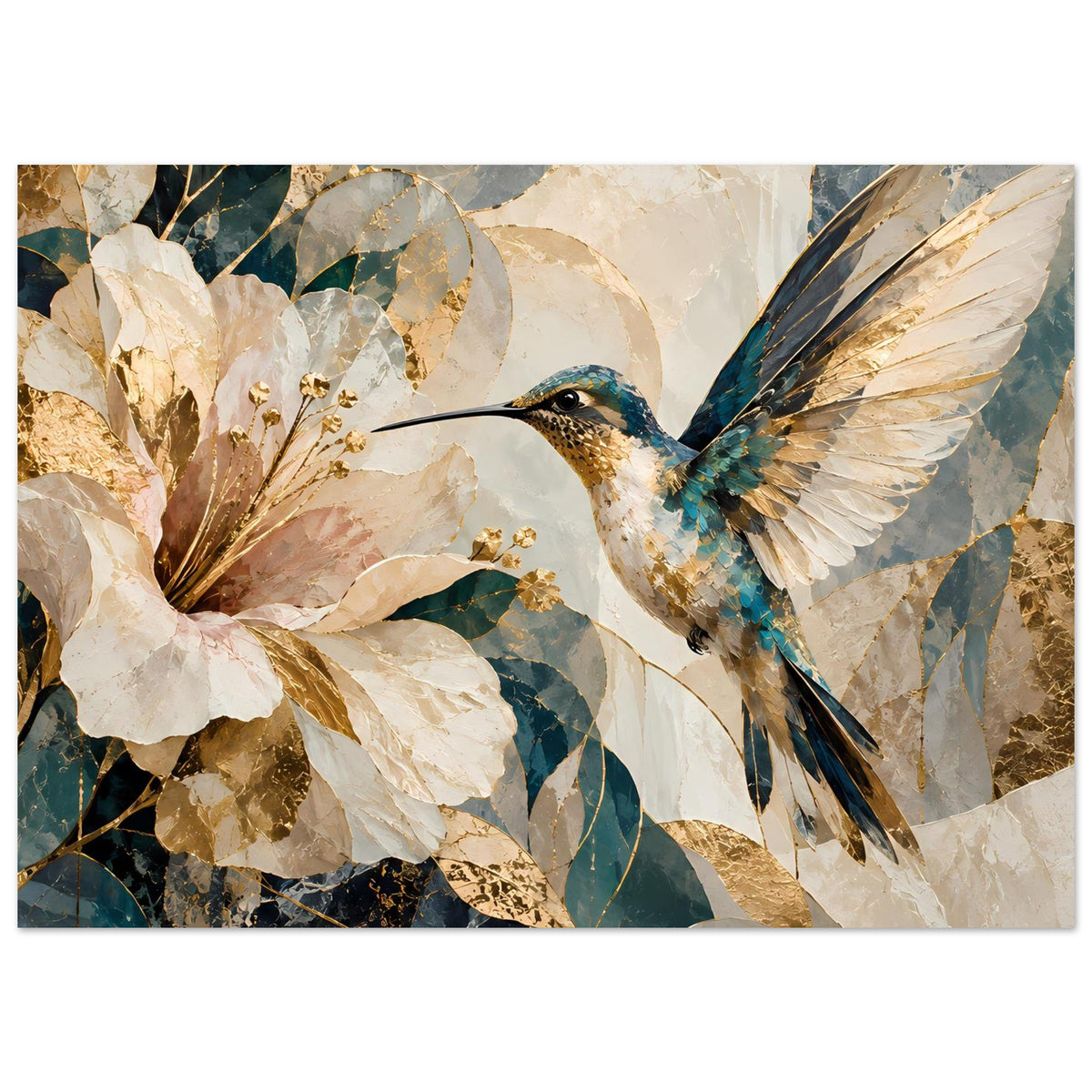 Wandposter mit Kolibri und floraler Collage, weiße Blüten, Gold- und Blautöne, quer