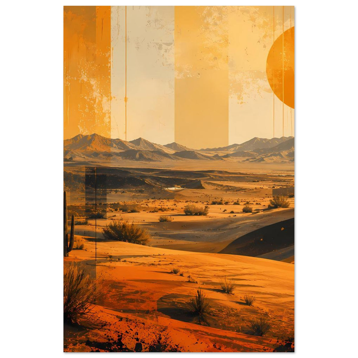 Wüsten-Retroposter, orangefarbene Sonne über Dünen mit Kakteen und Sträuchern
