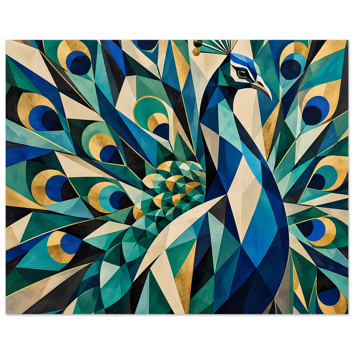 Poster mit geometrischem Pfau im Nahsicht-Ausschnitt, blaues Gefieder, Goldakzente