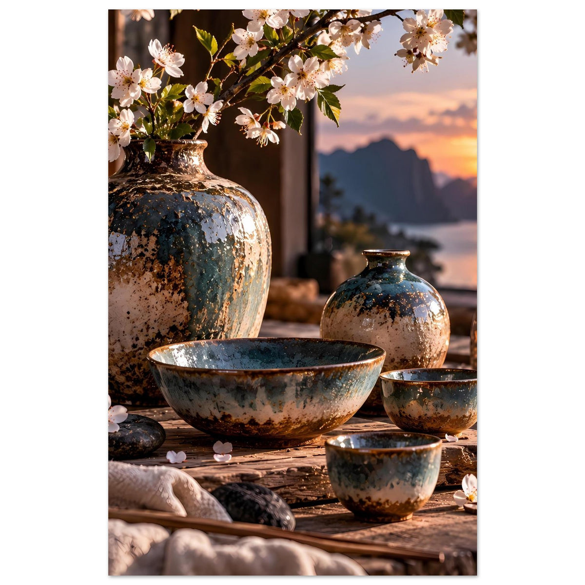 Hochkant-Poster mit japanischer Keramik: große Vase und Schalen-Set mit Blüten