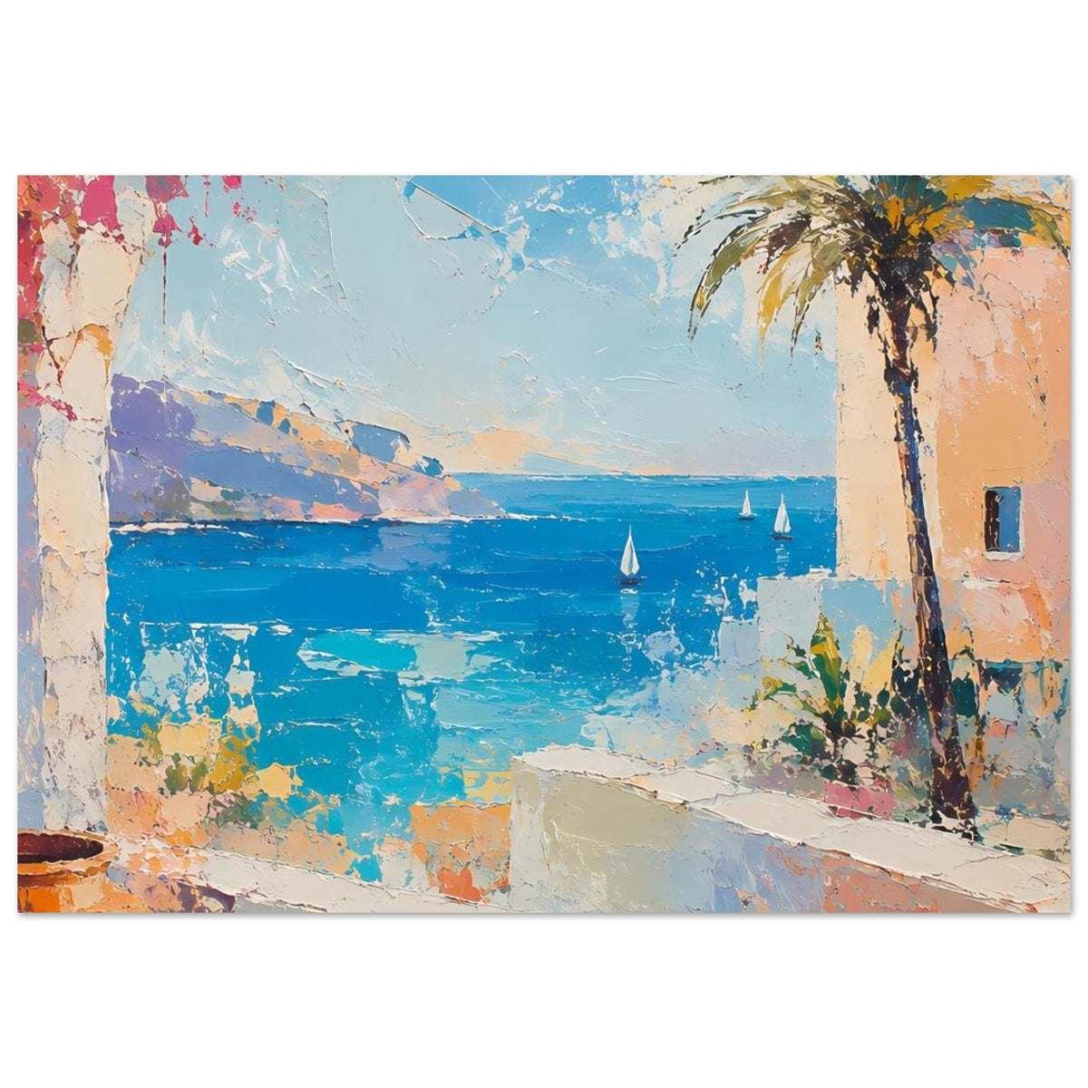 Sommerposter mit mediterraner Meeresbucht, Palme und Segelbooten