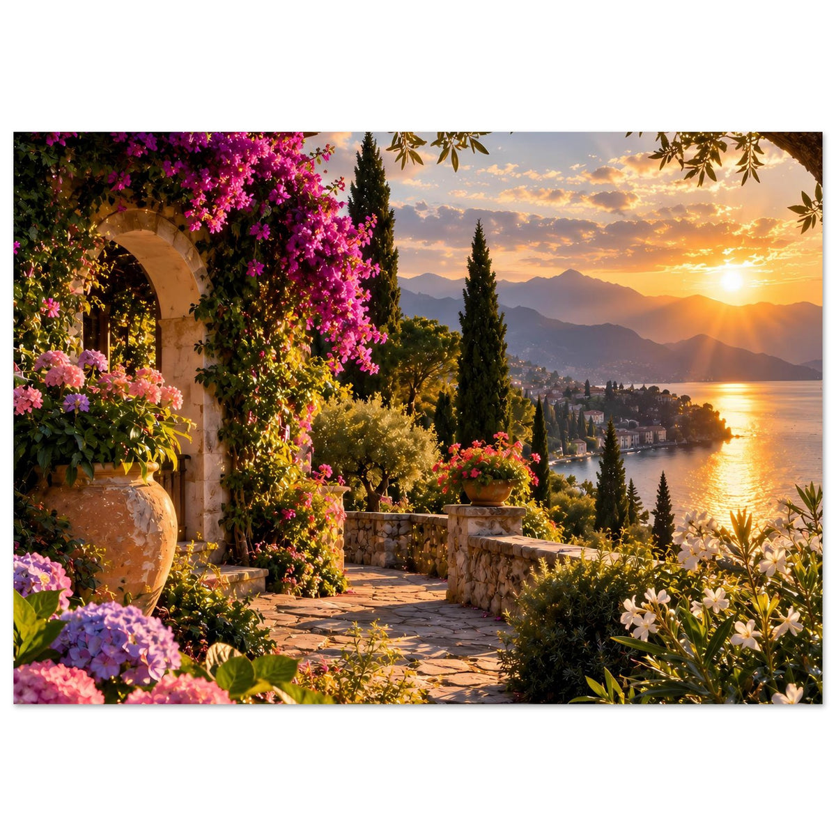 Sonnenuntergang-Poster mit mediterranem Garten, Blumen und Weg zur Uferlinie