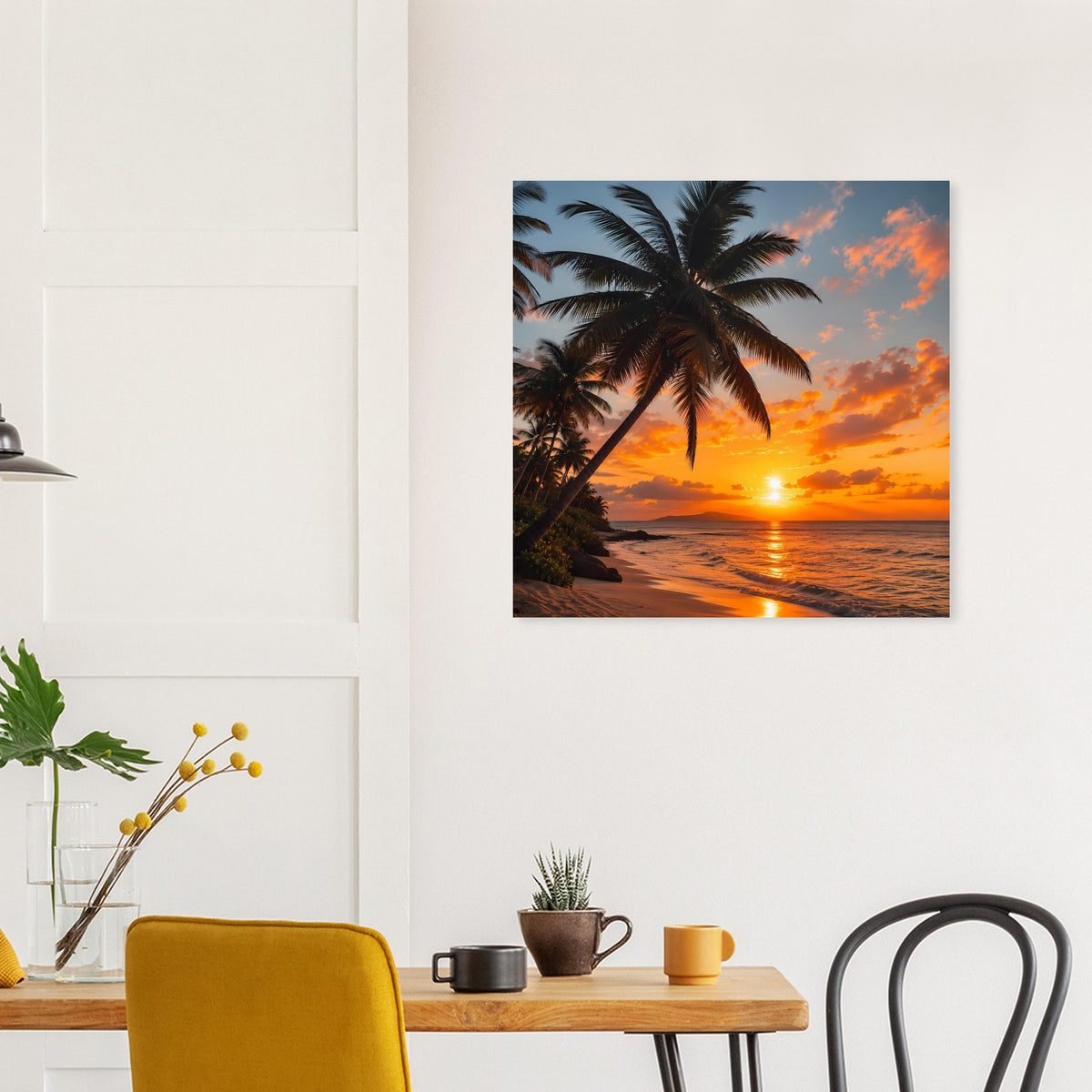 Quadratisches Poster mit Palmen und Sonnenuntergang am Meer, dunkel gerahmt