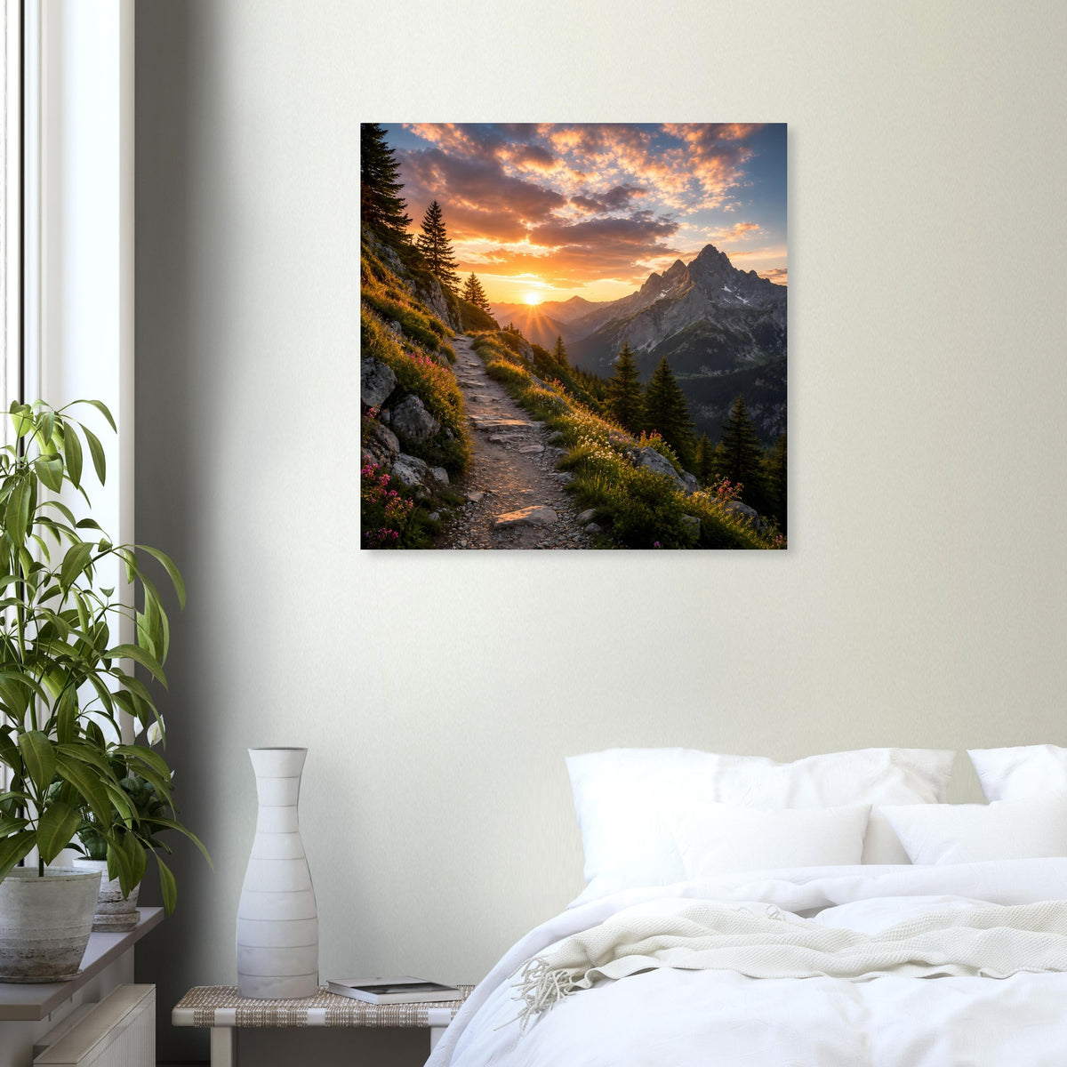 Quadratisches Poster mit Bergpanorama und Sonnenuntergang, schwarzer Rahmen