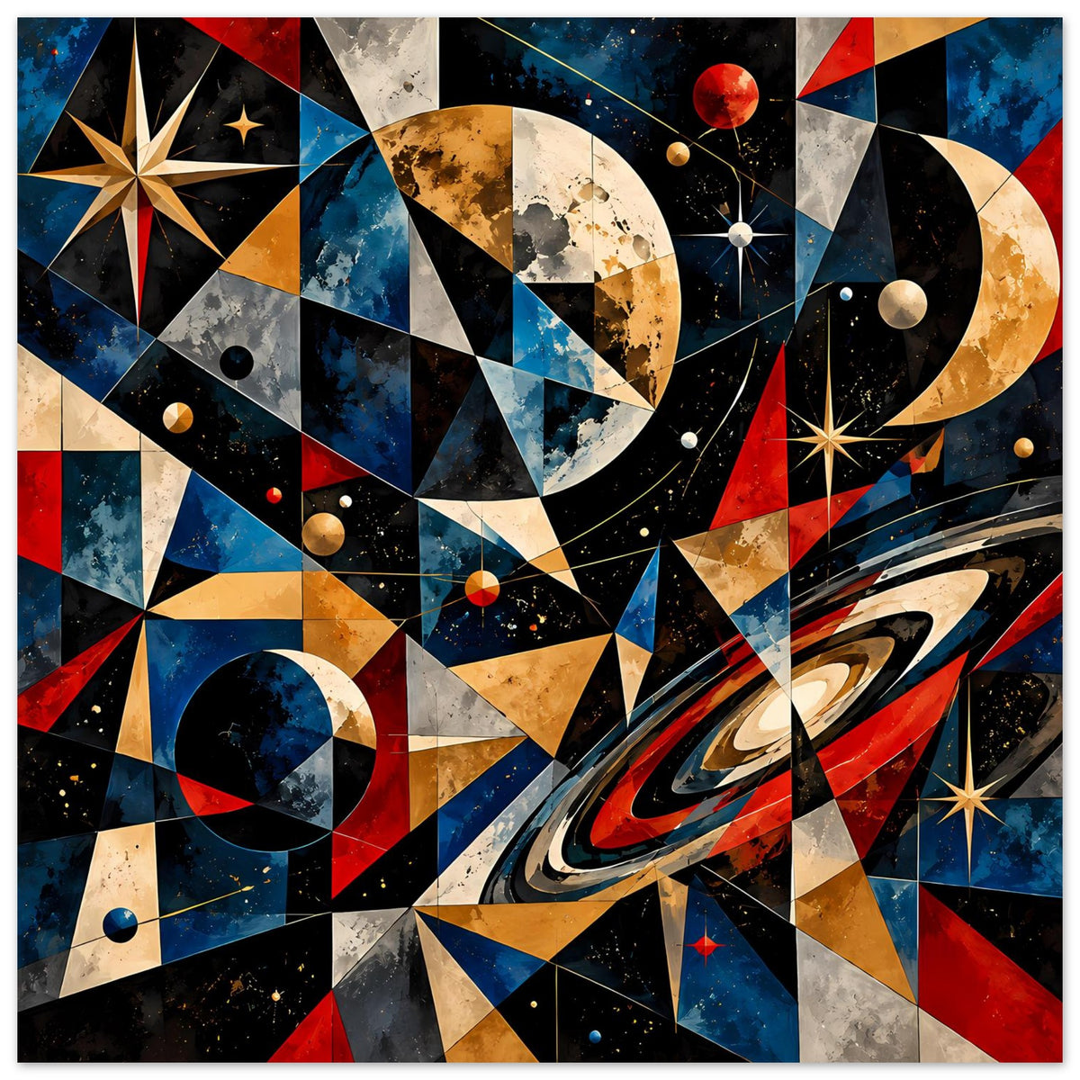 Quadratisches Poster mit kosmischer Komposition: Planet, Ringe, Sterne und Dreiecke in Rot, Blau