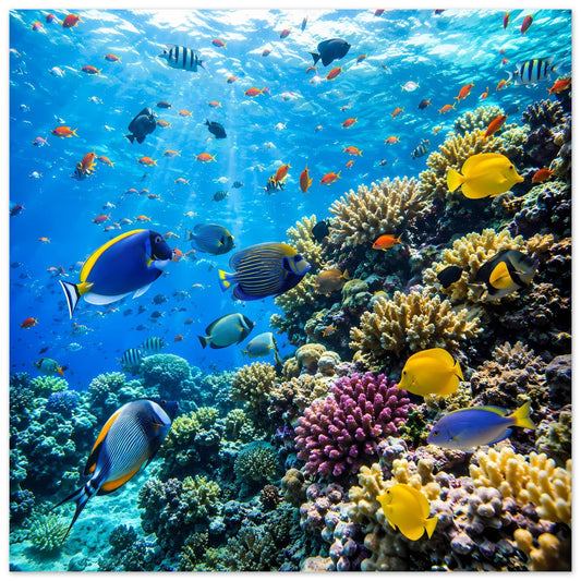 Poster mit tropischer Unterwasser-Fischwelt: bunte Fische über Korallenriff