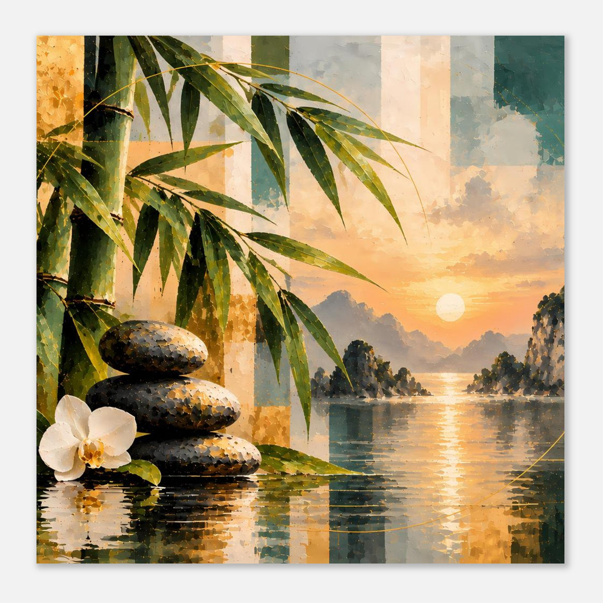 Poster mit Bambus, Meditationssteinen und weißer Orchidee am Sonnenuntergang über Wasser