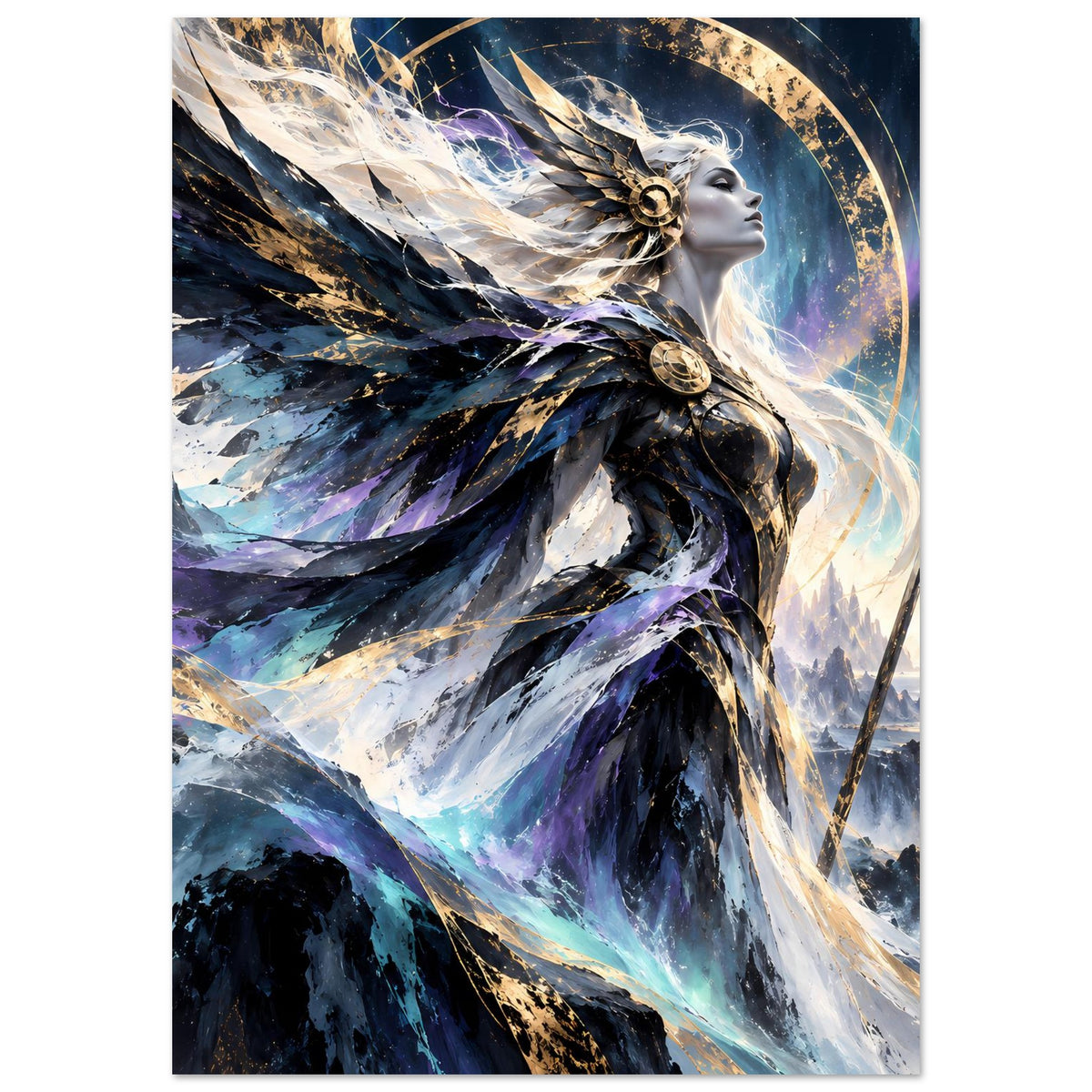 Fantasy-Göttinnen-Poster, vertikal: Frau im dunkelblauen Gewand mit goldener Medaille und Aura