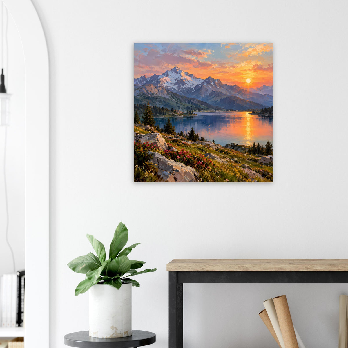 Quadratisches Poster mit Bergsee-Landschaft und Abendsonne