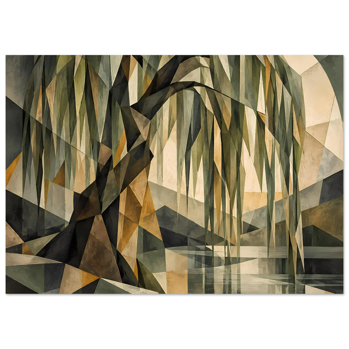 Geometrisches Baum-Poster im Querformat, kantige geometrische Segmente in Braun und Grün