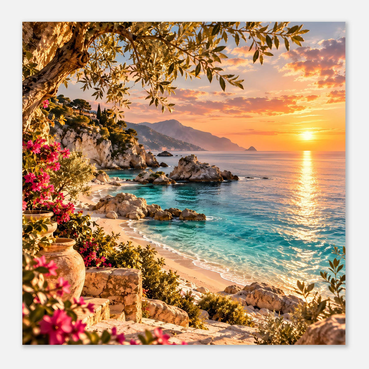 Strandposter im Querformat: Sonnenuntergang am Meer mit Felsen, Sandstrand und Blüten