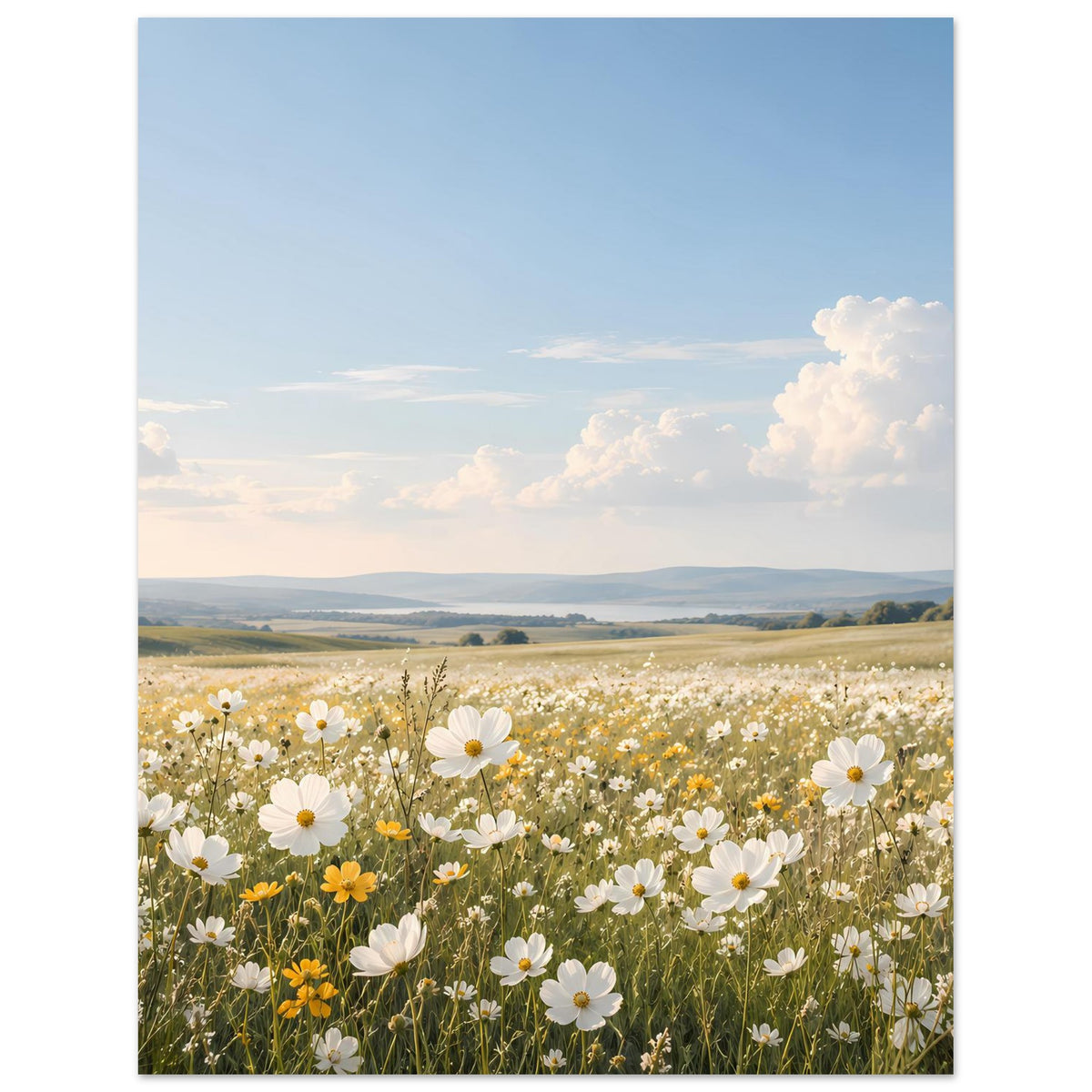 Poster mit Wiesenblumen und Gänseblümchen im Vordergrund, blau bewölkter Himmel