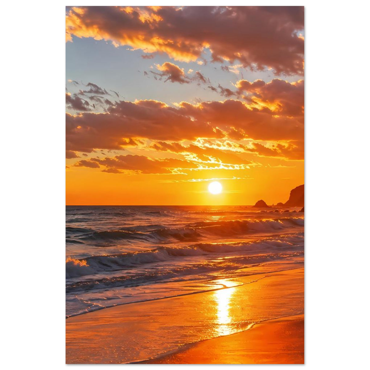 Strand-Poster mit Sonnenuntergang, Sonne am Horizont und Wellen am Ufer, Hochformat