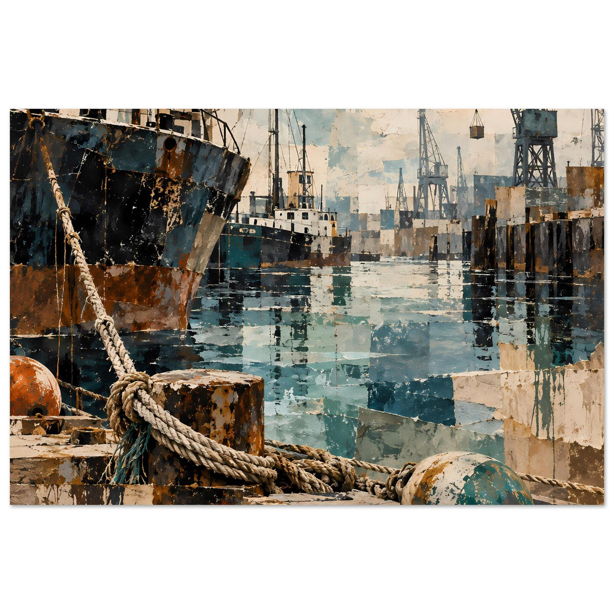 Poster mit Industriehafen: Schiff, Kräne, Wasserfläche und geflochtenes Seil im Vordergrund