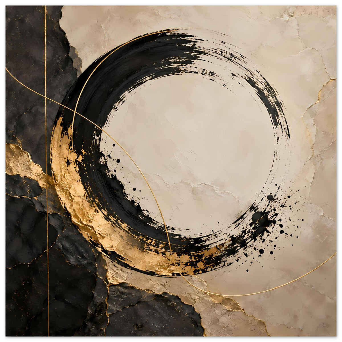 Abstraktes Kunstposter (horizontal) mit schwarzem Ring, goldfarbenen Sprenkeln und beigem Farbverlauf