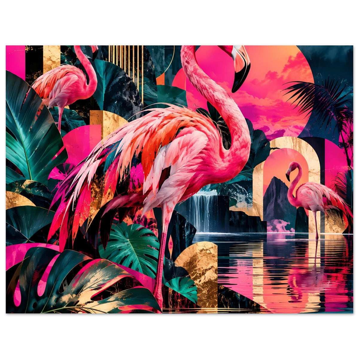 Flamingo-Poster mit Flamingos, tropischen Blättern und Spiegelung, im Querformat