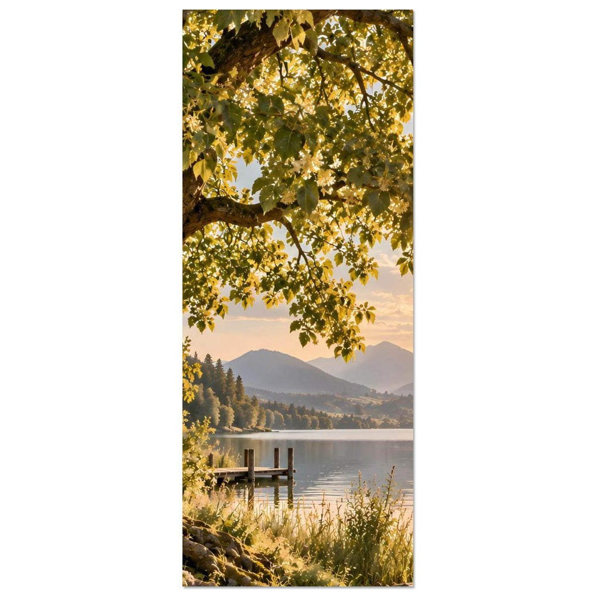 Vertikales Naturposter mit Baumzweigen, Seeufer, Steg und Bergkulisse