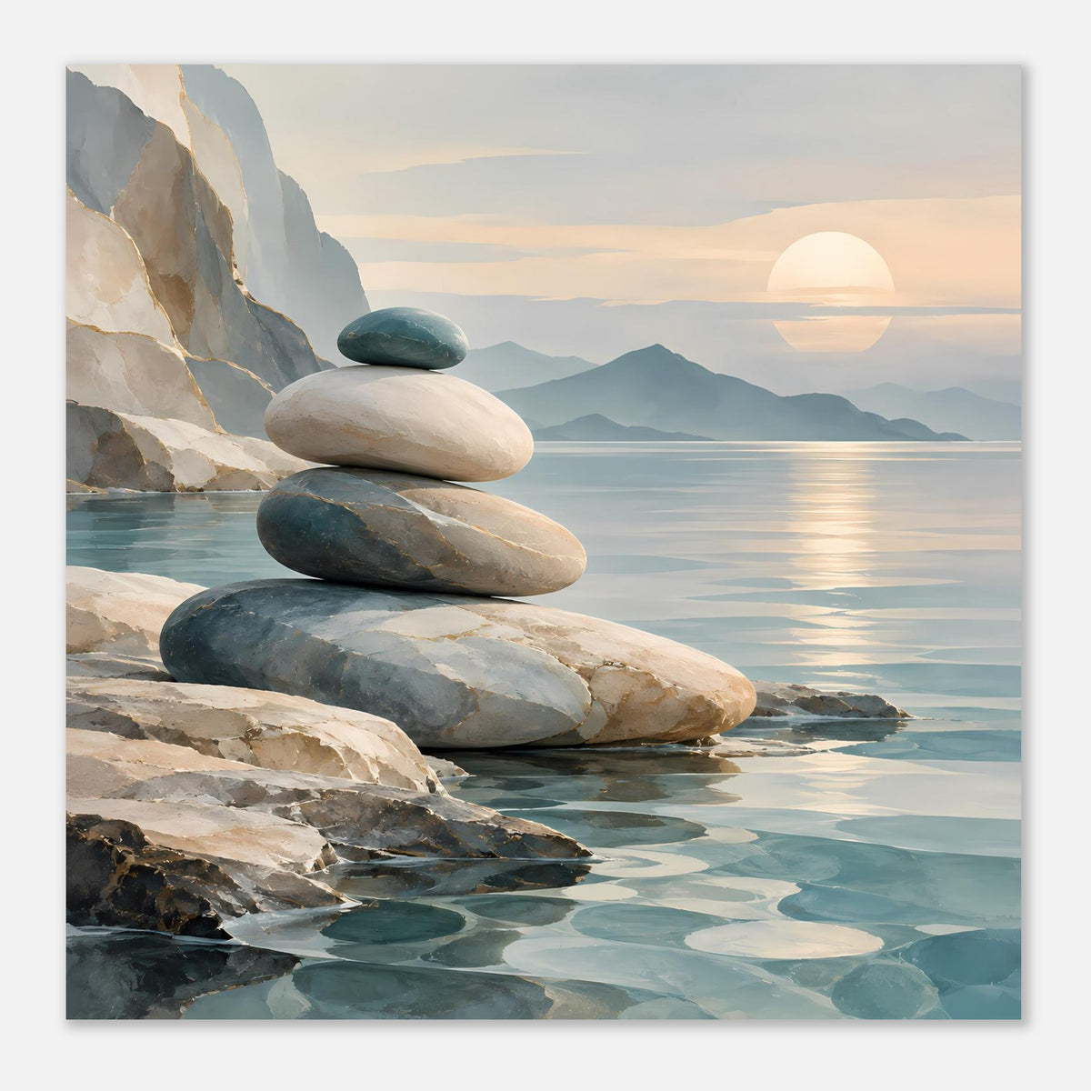 Hochformat-Poster mit Steinstapel am Wasser, ruhige Wellen und helle Sonne