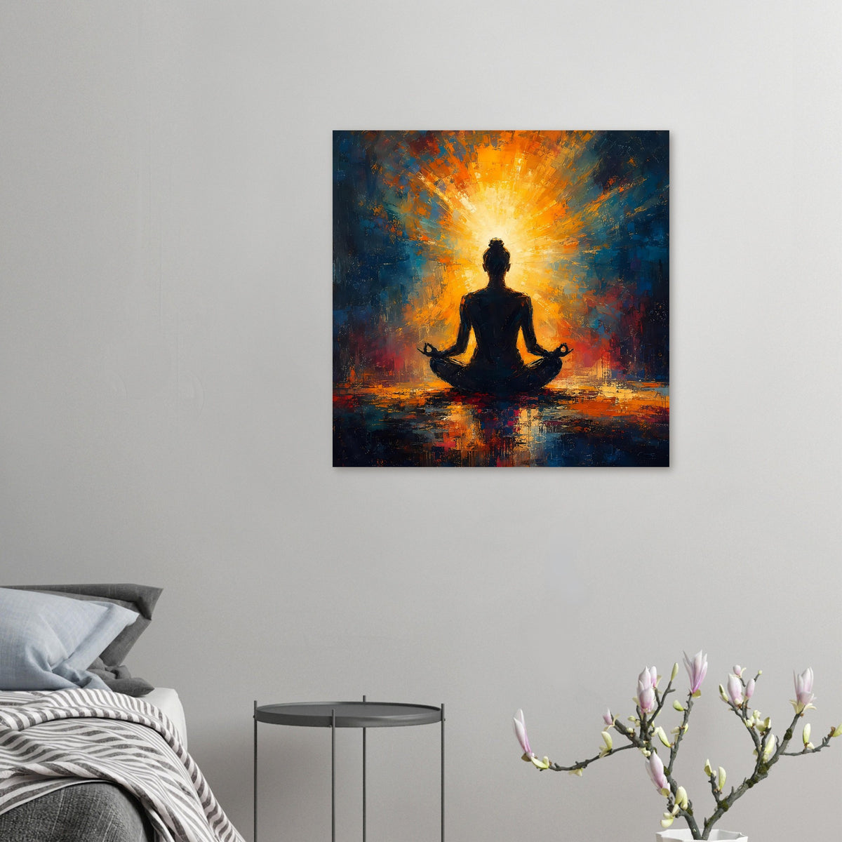 Kleines Poster mit Meditationssilhouette, blau-oranges abstraktes Licht, leuchtender Hintergrund