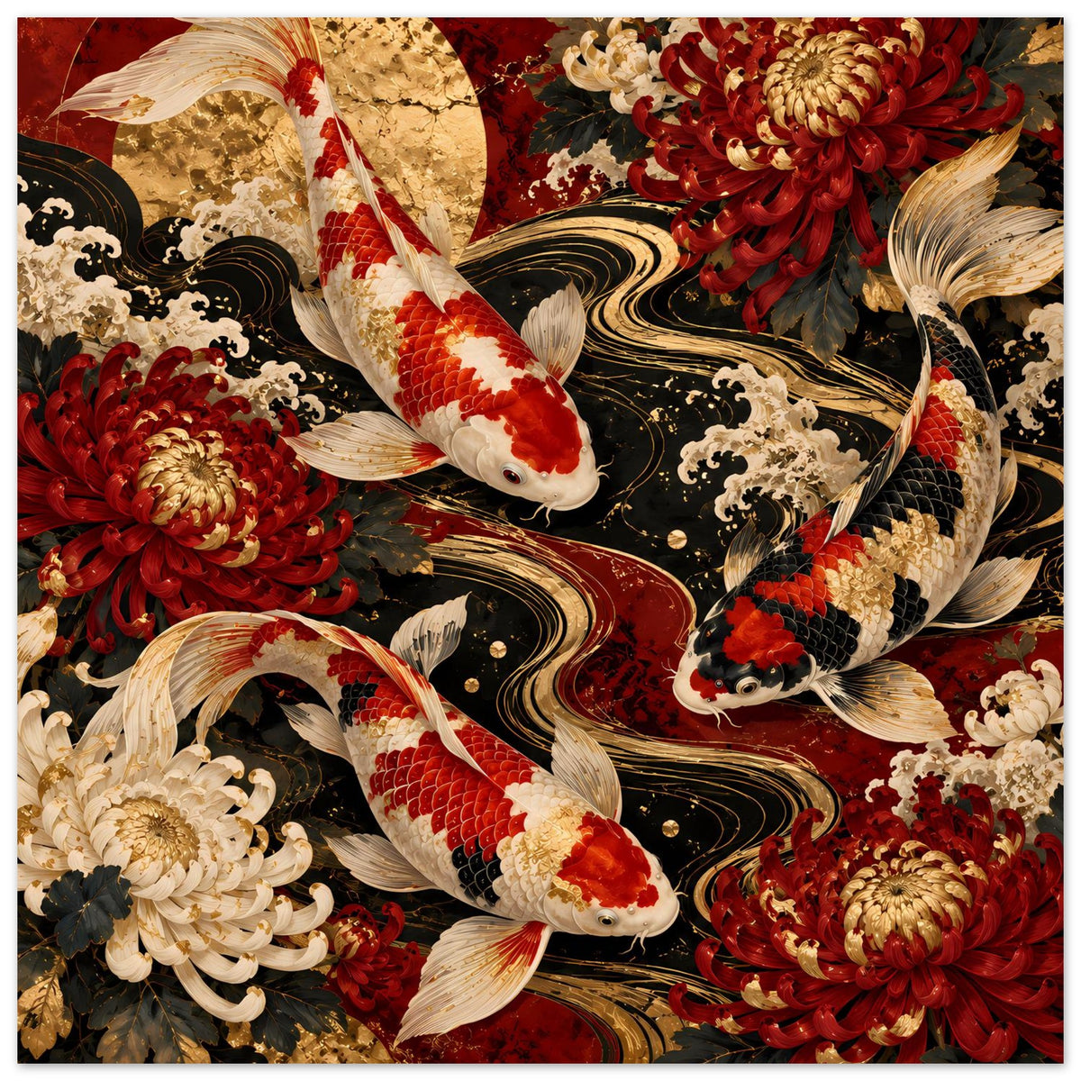 Poster mit Koi-Karpfen auf dunklem Hintergrund, goldrotes Blumenmotiv und Wirbelmuster