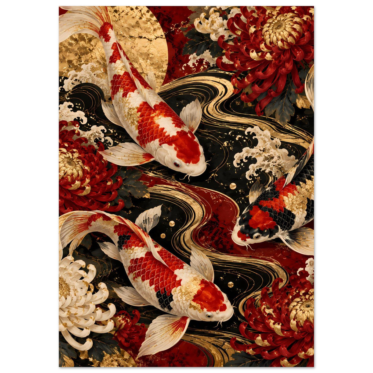 Poster mit Koi-Karpfen in Rot und Creme sowie goldenen Blüten, Nahansicht