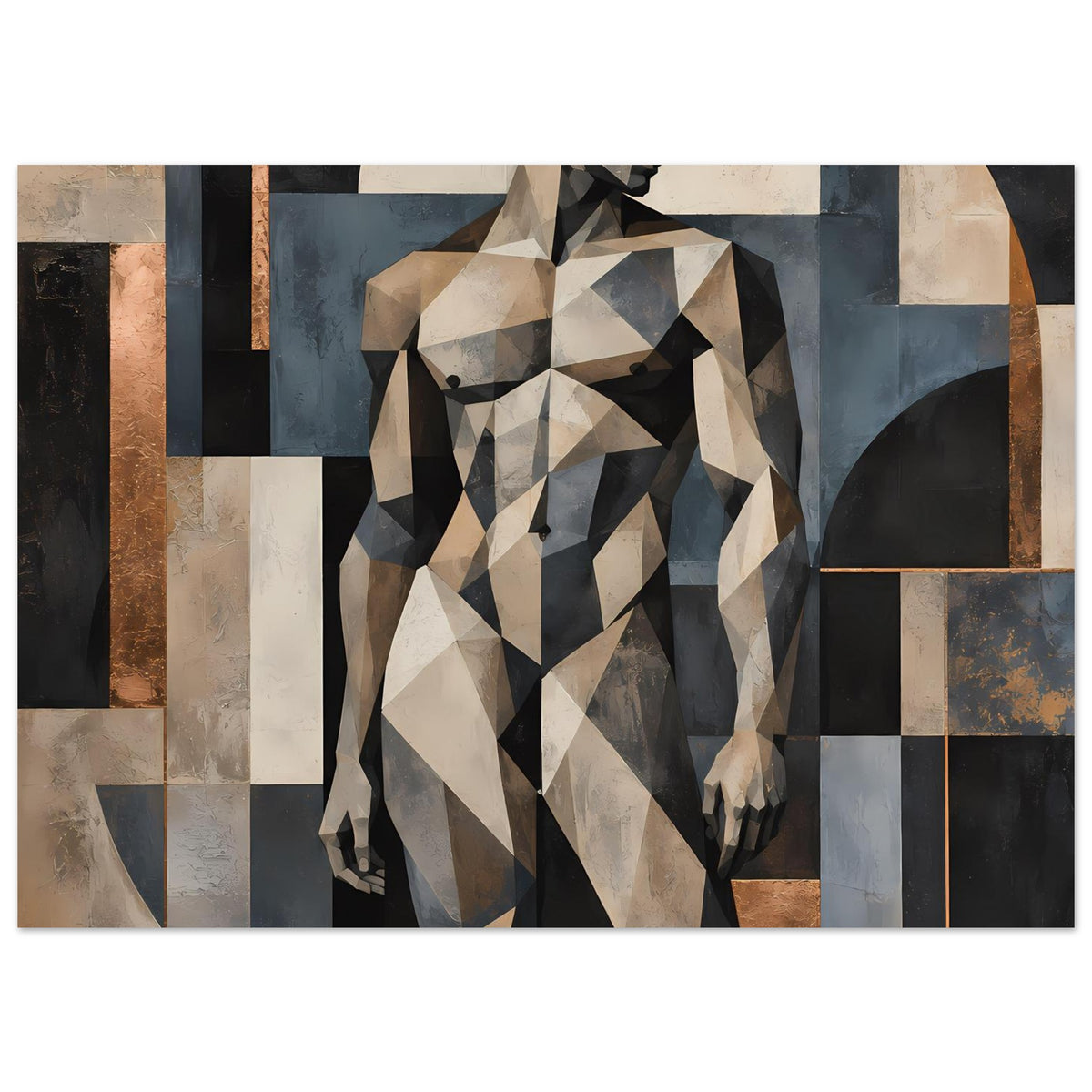 Modernes Poster mit geometrischer Aktfigur, Ganzkörperansicht, Erdtöne, Blau- und Schwarztöne.