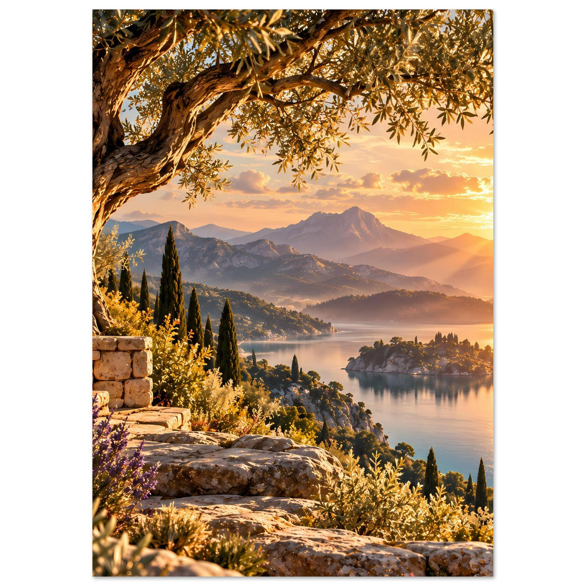 Landschafts-Poster im Hochformat mit Sonnenuntergang, Bergen, See und steiniger Terrasse